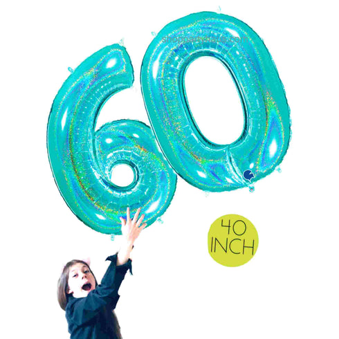 Glitter Teal Blue Number 60 Balloons | 40 INCH