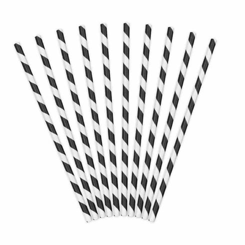 Black and White Striped Paper Party Straws | Set 10