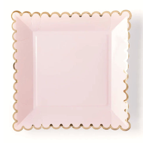 Square Blush Pink Scalloped Paper Plates | Gold Trim | 9 Inch | Package 8