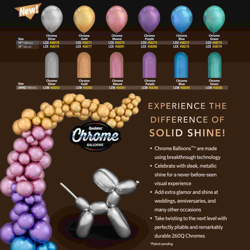Gold Chrome | 260Q | Qualatex Modeling Latex Balloons | Package 10