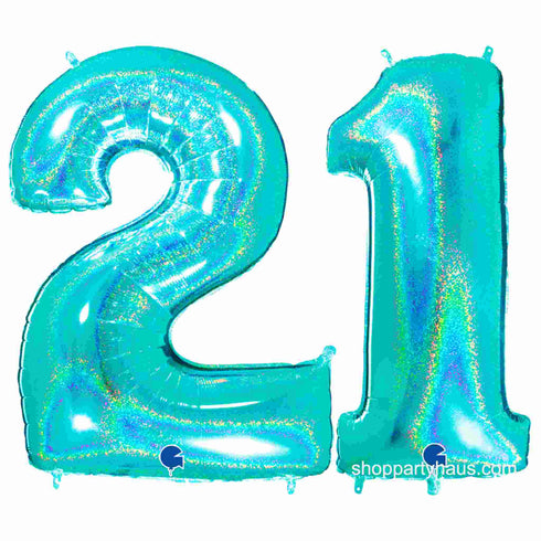 Glitter Teal Blue Number 21 Balloons | 40 INCH