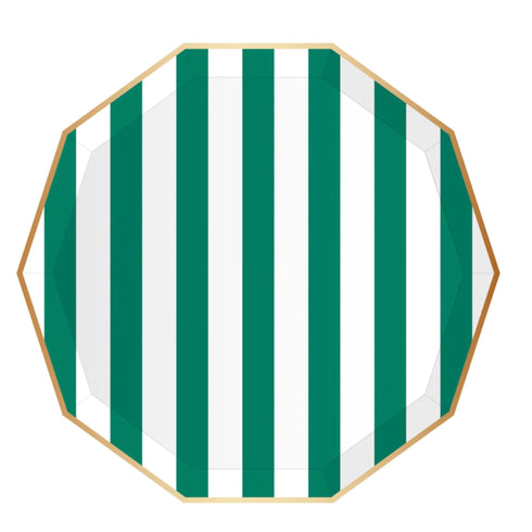 Emerald Green Striped Paper Plates | Gold Trim | 10.75 Inch | Package 8