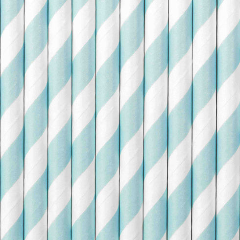 Pastel Blue and White Striped Paper Party Straws | Set 10