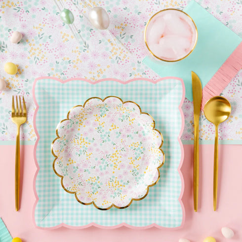 Pastel Gingham Scalloped Paper Plates | 9 Inch | Pink Yellow Blue Lilac | Package 8