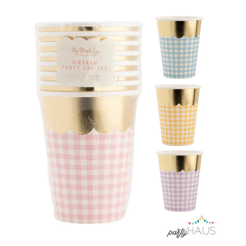 Pastel Gingham Scalloped Paper Cups | 12 oz | Package 8