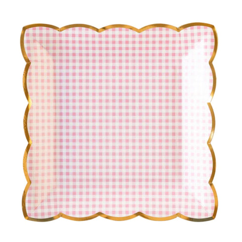 Pink Gingham Scalloped Paper Plates | 9 Inch | Package 8