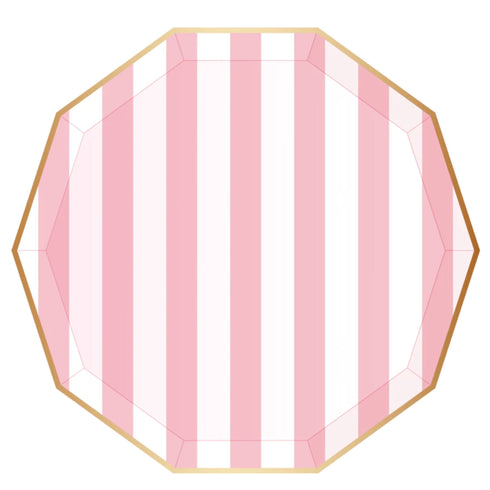 Pink Striped Paper Plates | Gold Trim | 10.75 Inch | Package 8