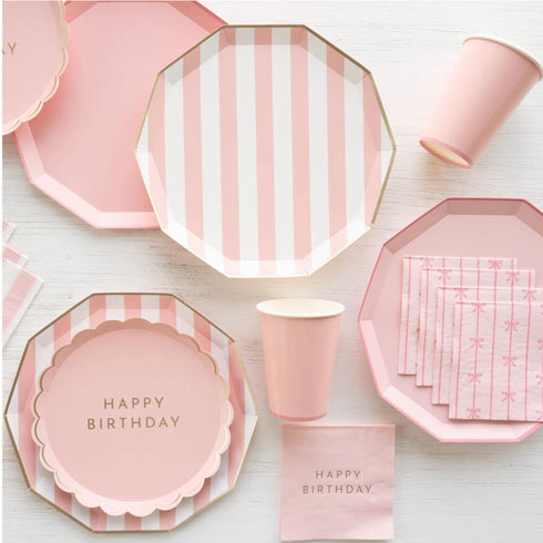 Pink Striped Paper Plates | Gold Trim | 10.75 Inch | Package 8